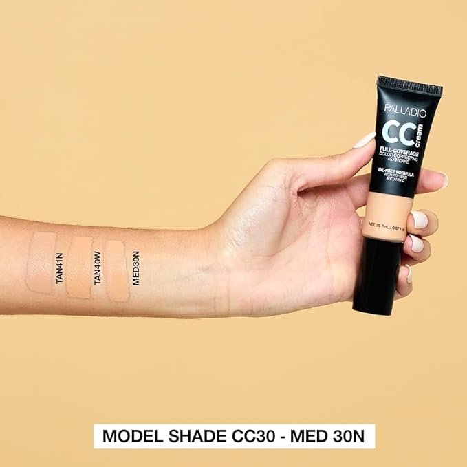 Palladio Full-Coverage Color Correction CC Cream, Oil-Free with Peptides & Vitamin C, Buildable Foundation Coverage (Tan 40W, Warm Undertone),0.87 Fl Oz (Pack of 1)