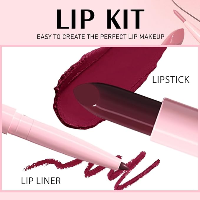 2 in 1 Matte Lipstick Lip Liner Pencil Set,Wine Red Waterproof Lip Stick Lip liner Combo for Old Women Long Lasting Lipstick,labiales mate 24 horas originales