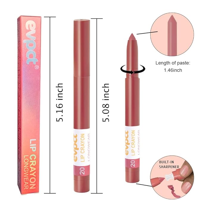 evpct Dusty Mauve Lip Liner Crayon Pencils Set for Women, Romantic Rose Matte Lip Stick Crayon Long Lasting, Lips Pencil Liner and Lipstick set, Lipliner Pencil, 24 Hours Lipstick Built-in Sharpener