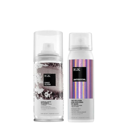 IGK First Class Dry Shampoo + Antisocial Dry Hair Mask Set | Volume, Freshness + Nourishment for All Hair Types | Oil Absorbing, Frizz Control + Hydrating | 2.0 oz + 1.7 oz