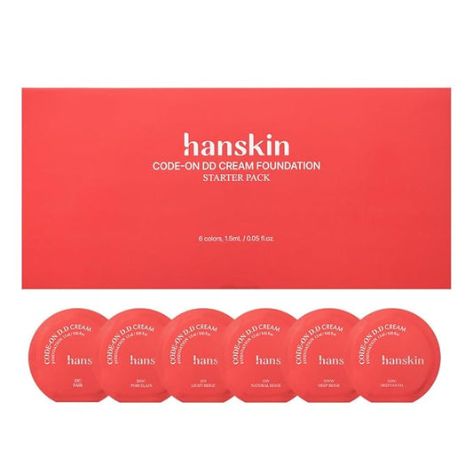 Hanskin Code on Double D Cream Foundation, Full Coverage Korean BB Cream & Liquid Skin Tint Foundation, Semi-Matte Finish, Lightweight Pore-Perfecting Base, 0.05 Fl Oz * 6colors (STARTER PACK)