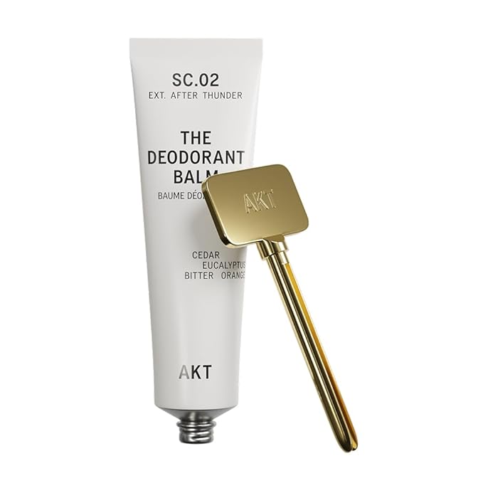 AKT, THE DEODORANT BALM. Award winning, multi-use, natural deodorant. Plastic Free. Gender Free. Aluminium Free. 100% effective — 1 tube lasts up to 3 months. SC.02 AFTER THUNDER. 50ml/1.76 FL.OZ