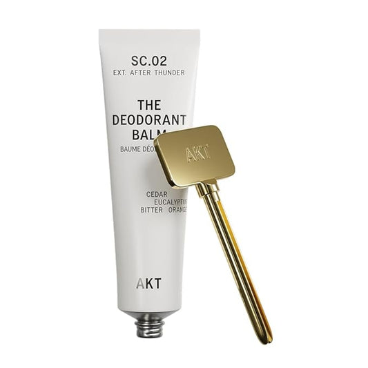AKT, THE DEODORANT BALM. Award winning, multi-use, natural deodorant. Plastic Free. Gender Free. Aluminium Free. 100% effective — 1 tube lasts up to 3 months. SC.02 AFTER THUNDER. 50ml/1.76 FL.OZ