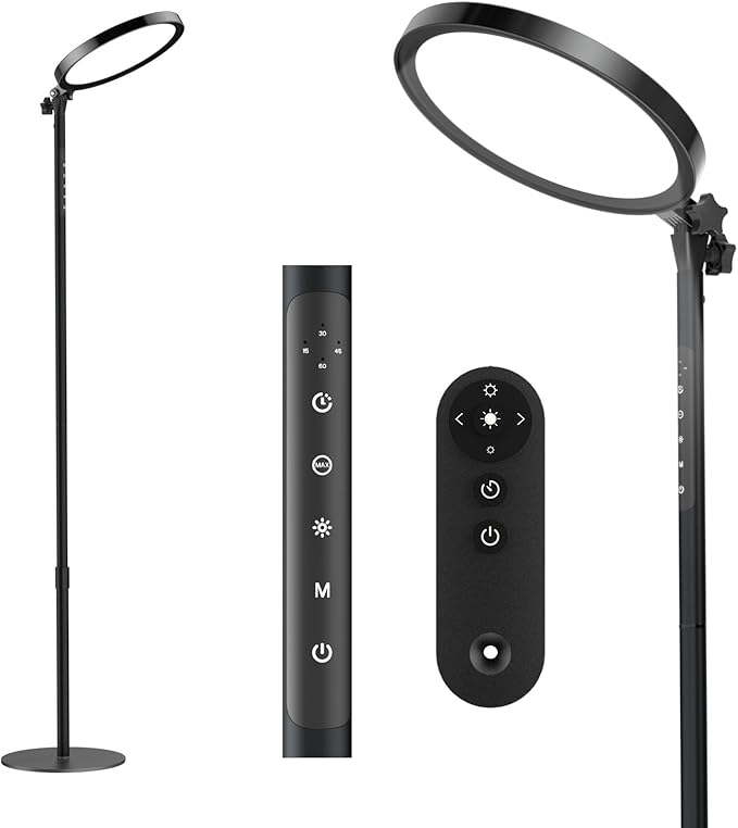 Light Therapy Lamp,12000 Lux UV-Free Sun Lamp Full Spectrum Sunlight Lamp with 12" Panel/71 High/4 Color Temperature/5 Brightness/Remote Control, 2 in 1 Retractable Floor Light Therapy Lamp