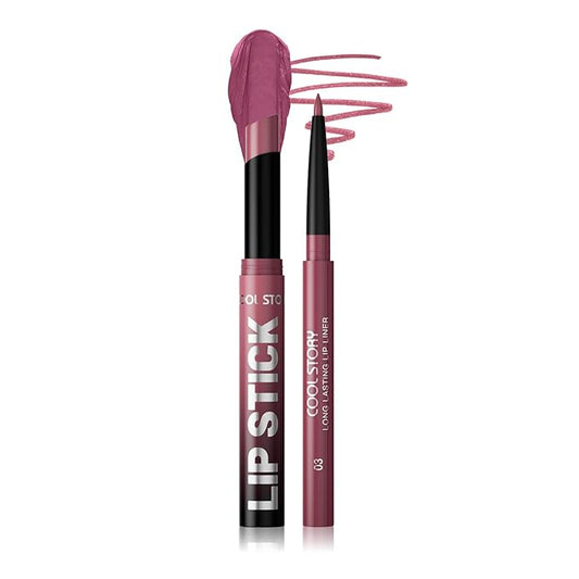 COOL STORY 2 Piece Lip Liner and Lipstick Set, Long Lasting Formula, Professional Makeup Kit (03)