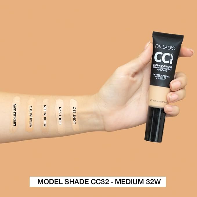 Palladio Full-Coverage Color Correction CC Cream, Oil-Free with Peptides & Vitamin C, Best for Correcting Redness and Uneven Skin Tone, Buildable Foundation Coverage (Med 31C)