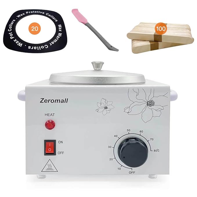 Single Pot Wax Warmer, Professional Electric Wax Heater Machine Facial Skin SPA Equipment with Adjustable Temperature Set, 100 Wax Sticks & 20 Collars & 1 Scraper