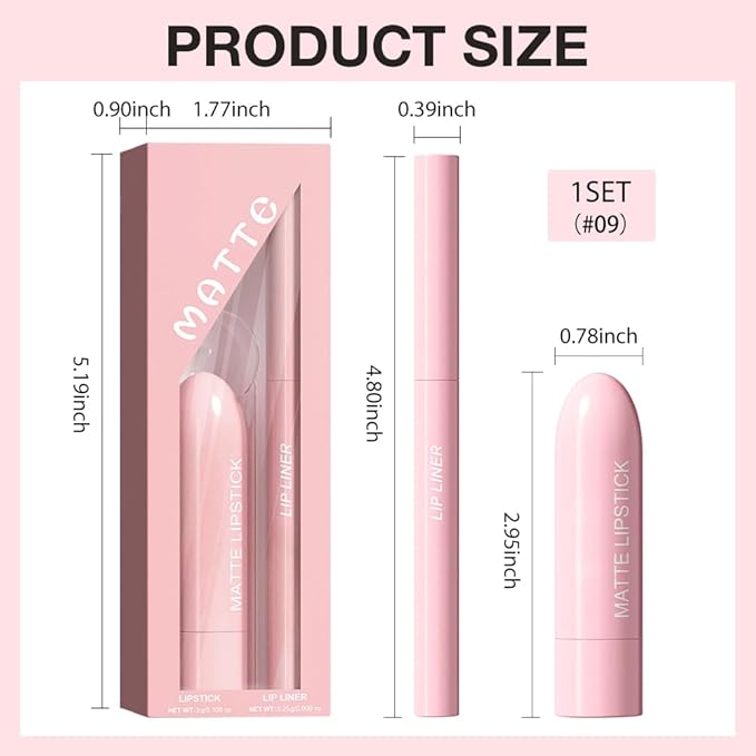 2 in 1 Matte Lipstick Lip Liner Pencil Set,Pink Waterproof Lip Stick Lip liner Combo for Old Women Long Lasting Lipstick Crayon,labiales mate 24 horas originales