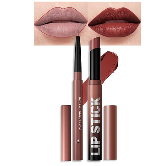 2Pcs 2 in 1 Matte Red Brown Lip Liner and Lipstick Combo Set for Women,Lipstick Stain Lip Liner for Daily & Party Long Lasting Waterproof Smudge Proof 24 Hour Full Coverage Vegan Lip Makeup Kit