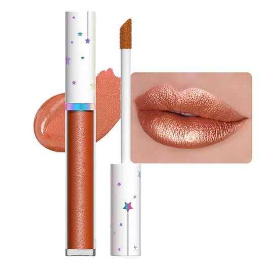 evpct 1Pcs Bronze Gold Metallic Glitter Lip Gloss Stain Lipstick for Women Long Lasting Waterproof 24, Orange Gold Frosted Metallic Shimmer Glossy Chrome iridescent Liquid Lipstick Lip Gloss Makeup 08