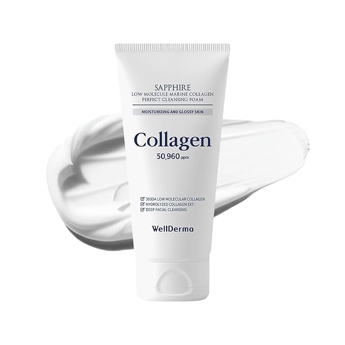 WELLDERMA Sapphire Collagen Cleansing Foam, 150mL – Gentle Facial Cleanser with Hydrolyzed Collagen & Glycerin, Moisturizing Creamy Lather