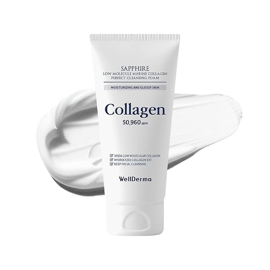 WELLDERMA Sapphire Collagen Cleansing Foam, 150mL – Gentle Facial Cleanser with Hydrolyzed Collagen & Glycerin, Moisturizing Creamy Lather