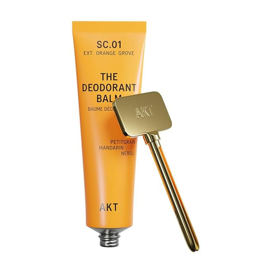 AKT, THE DEODORANT BALM. Award winning, multi-use, natural deodorant. Plastic Free. Gender Free. Aluminium Free. 100% effective — 1 tube lasts up to 3 months. SC.01 ORANGE GROVE. 50ml/1.76 FL.OZ