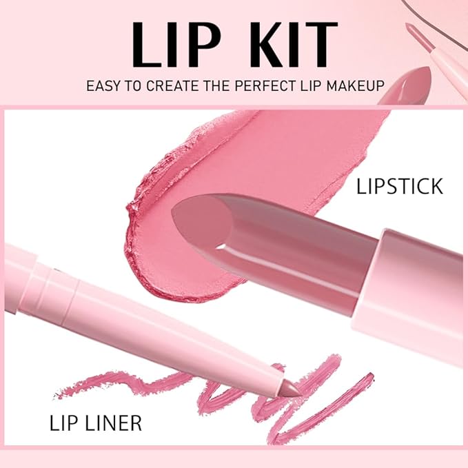 2 in 1 Matte Lipstick Lip Liner Pencil Set,Pink Waterproof Lip Stick Lip liner Combo for Old Women Long Lasting Lipstick Crayon,labiales mate 24 horas originales