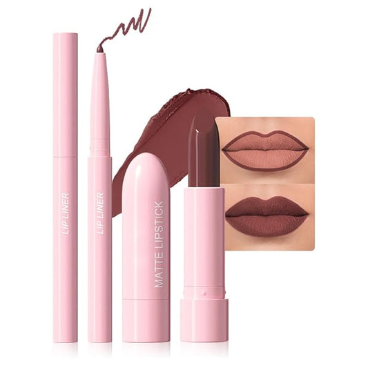 2 in 1 Matte Lipstick Lip Liner Pencil Set,Plum Waterproof Lip Stick Lip liner Combo for Old Women Long Lasting Lipstick,labiales mate 24 horas originales