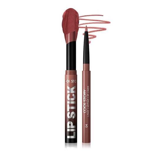 COOL STORY 2 Piece Lip Liner and Lipstick Set, Long Lasting Formula, Professional Makeup Kit (04)