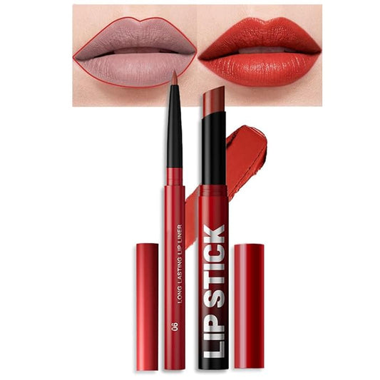 2Pcs 2 in 1 Matte Red Lip Liner and Lipstick Combo Set for Women,Lipstick Stain Lip Liner for Daily & Party Long Lasting Waterproof Smudge Proof 24 Hour Full Coverage Vegan Lip Makeup Kit