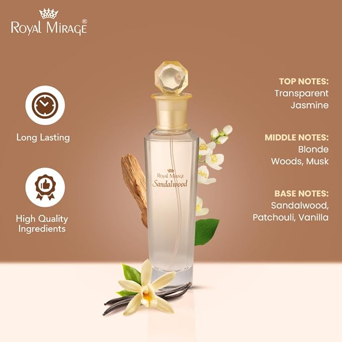 Royal Mirage Sandalwood Eau de Toilette for Women - Premium Woody Floral Perfume 100ml with Jasmine & Vanilla - Long-Lasting Feminine Fragrance Spray - Sustainable Luxury EDT Made in USA