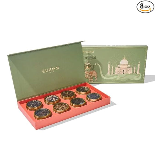 VAHDAM, Weekend In Taj Mahal Tea Gift Sets Travel Edition Gift Box | 8 Varieties - Chai Tea, Black Tea, Herbal Tea | Gluten Free, Non GMO | Gifts for Women, Gifts for Men, Gifts for Him/Her