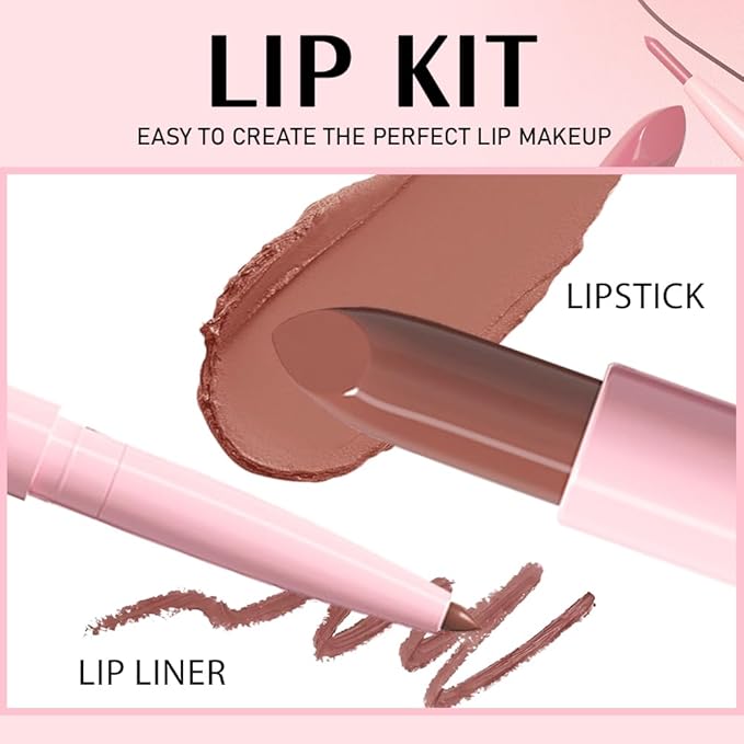 2 in 1 Matte Lipstick Lip Liner Pencil Set,Nude Brown Waterproof Lip Stick Lip liner Combo for Old Women Long Lasting Lipstick,labiales mate 24 horas originales