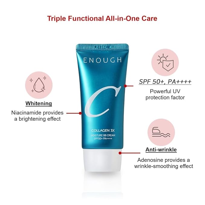 Enough Collagen 3X Moisture BB Cream SPF50, Makeup Tinted Moisturizer for Face, Korean Skin Care Full Coverage Foundation, 1.76oz