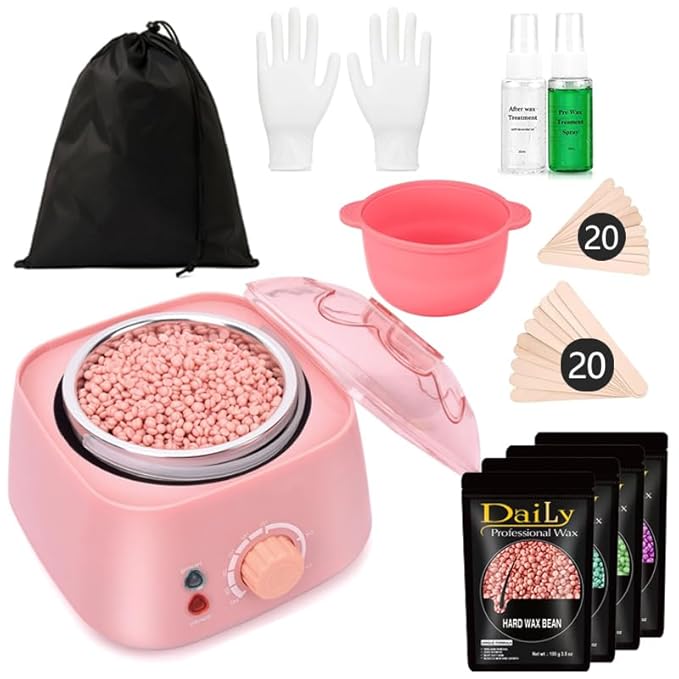 Wax Warmer Kit for Hair Removal - Hard Wax Kit for Sensitive Skin with Silicone Liner, 4 Bags Wax Beans - For Women Men, Face, Bikini, Brazilian, Body, Legs, Home Salon. (PINK)