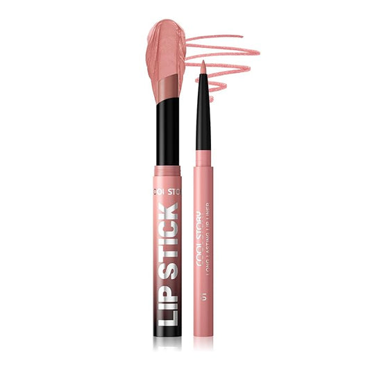 COOL STORY 2 Piece Lip Liner and Lipstick Set, Long Lasting Formula, Professional Makeup Kit (01)