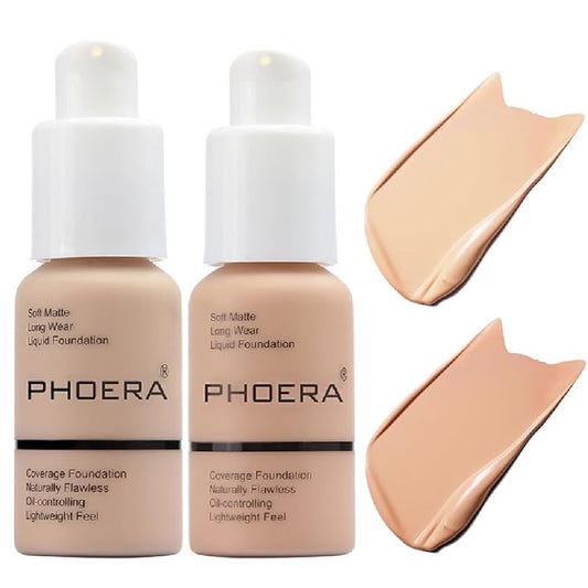 2 Pack PHOERA Foundation 102# Nude 103# Warm Peach,Flawless Soft Matte Liquid Foundation 24 HR Oil Control Concealer Foundation Makeup.