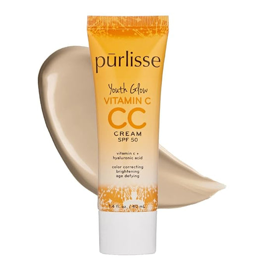 pürlisse Youth Glow Vitamin C CC Cream with SPF 50 - Color Corrector Enriched with Sea Buckthorn, Vitamin C & Hyaluronic Acid - Boosts Radiance & Youthfulness - Paraben-Free - Light (1.4 oz)