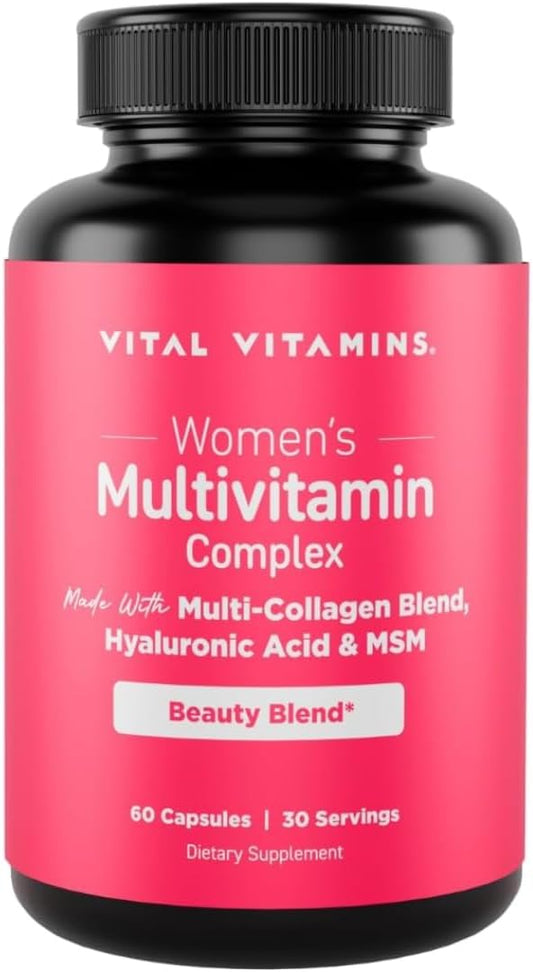 Vital Vitamins Women's Multivitamin Complex - Made with Multi-Collagen Blend, Hyaluronic Acid, & MSM - Beauty Multivitamins - with Vitamin A, C, E, B6, B12, D3-60 Capsules