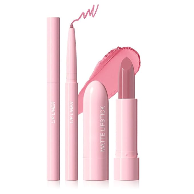 2 in 1 Matte Lipstick Lip Liner Pencil Set,Pink Waterproof Lip Stick Lip liner Combo for Old Women Long Lasting Lipstick Crayon,labiales mate 24 horas originales