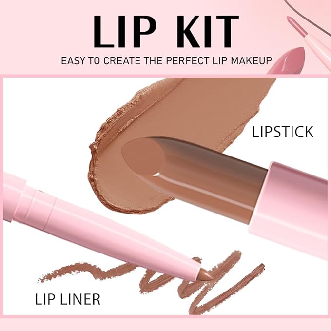 2 in 1 Matte Lipstick Lip Liner Pencil Set,Brown Waterproof Lip Stick Lip liner Combo for Old Women Long Lasting Lipstick Crayon,labiales mate 24 horas originales