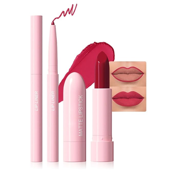 2 in 1 Matte Lipstick Lip Liner Pencil Set,Red Waterproof Lip Stick Lip liner Combo for Old Women Long Lasting Lipstick Crayon,labiales mate 24 horas originales