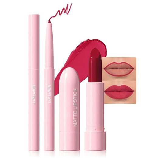 2 in 1 Matte Lipstick Lip Liner Pencil Set,Red Waterproof Lip Stick Lip liner Combo for Old Women Long Lasting Lipstick Crayon,labiales mate 24 horas originales