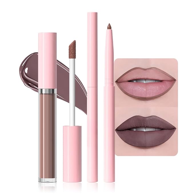 AMY'S DIARY 2pcs Matte Dark Red Lip Liner & Lipstick&Shiny Clear Lip Oil Makeup Set, Liquid Lipstick 24H and Lip Liner Set Matt Liquid Lips Make Up Waterproof Long Lasting (12#, 2 Pcs Set)