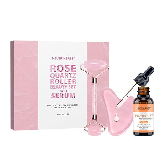 NEUTRIHERBS Jade Gua Sha & Face Roller & Vitamin C Serum Facial Tool Set(3 in 1 Kit), Home Face Massager for Wrinkle,Fine Line,Puffiness,Firm Smooth Relax Skin -- Pink