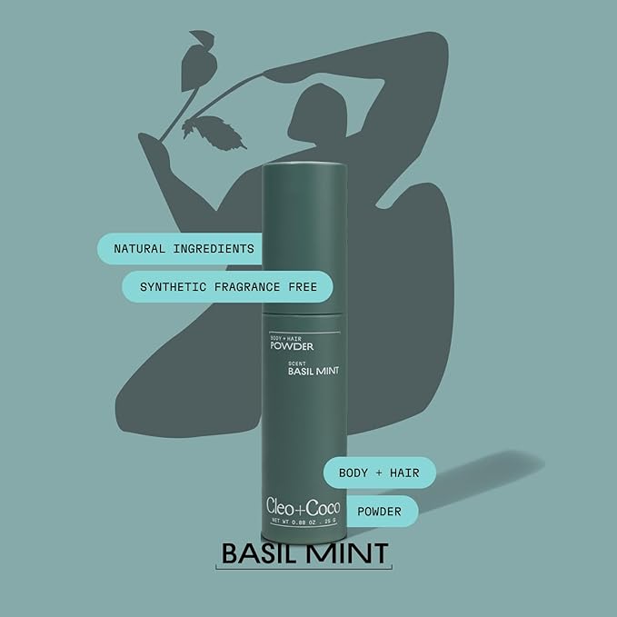 Cleo + Coco. Deodorant Powder for Body and Hair, Basil Mint (0.88 oz), 2-in-1 Deo Powder & Dry Shampoo for Women & Men, Aluminum Free Deodorant, Talc-Free, Anti Chafe Protector, Travel-Size