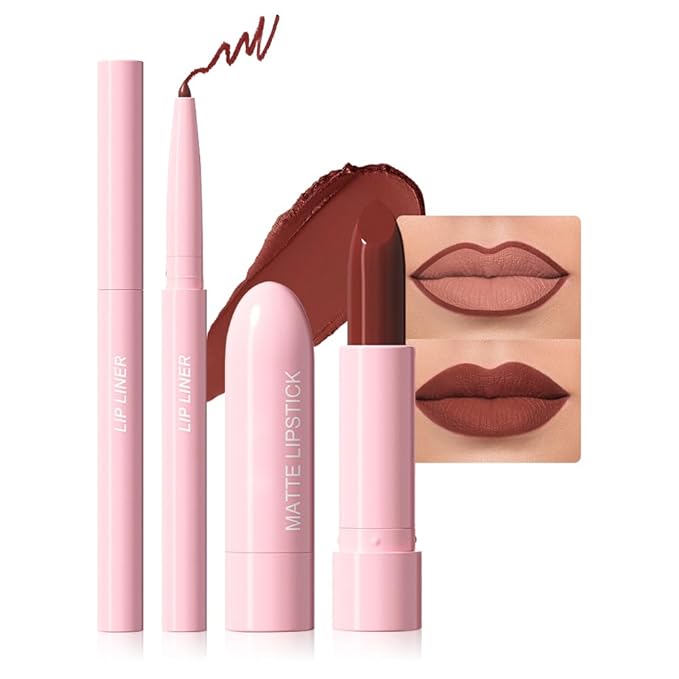 2 in 1 Matte Lipstick Lip Liner Pencil Set,Dark Red Waterproof Lip Stick Lip liner Combo for Old Women Long Lasting Lipstick,labiales mate 24 horas originales