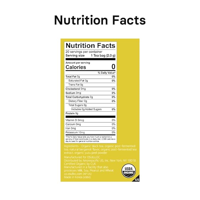OSULLOC Yuja Earl Grey (Natural bergamot flavor, Yuju), USDA Organic, Premium Teabags from Jeju Island, 20 count, 1.41 oz, 40g