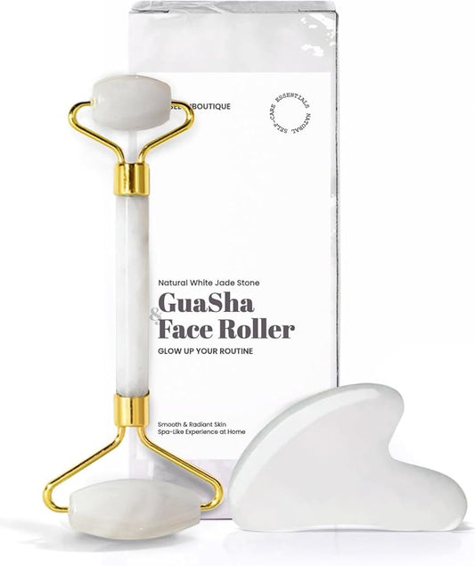ROSELYNBOUTIQUE Gua Sha Facial Tools & Face Roller Original Face Massager for Puffiness Wrinkless Skin Care Routine - Self Care Gift for Men Women (White Jade)