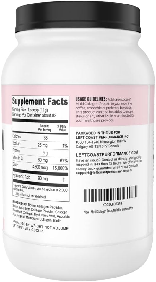 Multi Collagen Powder with Biotin, Hyaluronic Acid, Vitamin C (2lb Value Size) | Hydrolyzed Collagen Supplement (Types I, II, III, V, X). Hair, Skin, Nails for Women, Men