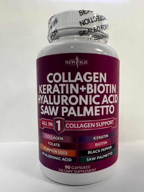 NEW AGE Collagen Pills Biotin Keratin Saw Palmetto Hyaluronic Acid - Vitamin E Folic Acid Pumpkin Seed MSM - 90 Count (Pack of 2)