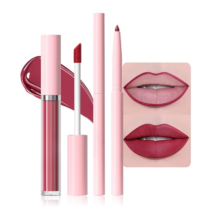 AMY'S DIARY Lip Gloss and Lip Liner Set – Matte Liquid Lipstick with Matching Lip Pencil – Rose Red, Berry, Wine Red Shades – Long Lasting, Waterproof, Non-Sticky Lip Makeup Kit for Defined Lips