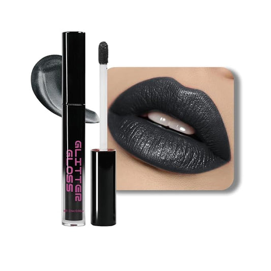 Gray Black Metallic Lipstick for Women,Glitter Sparkling Liquid Lipstick,Long Lasting Waterproof Lightweight Comfortable Non-Drying Bold Dark Lip Gloss for Gothic Stage Makeup,Vegan