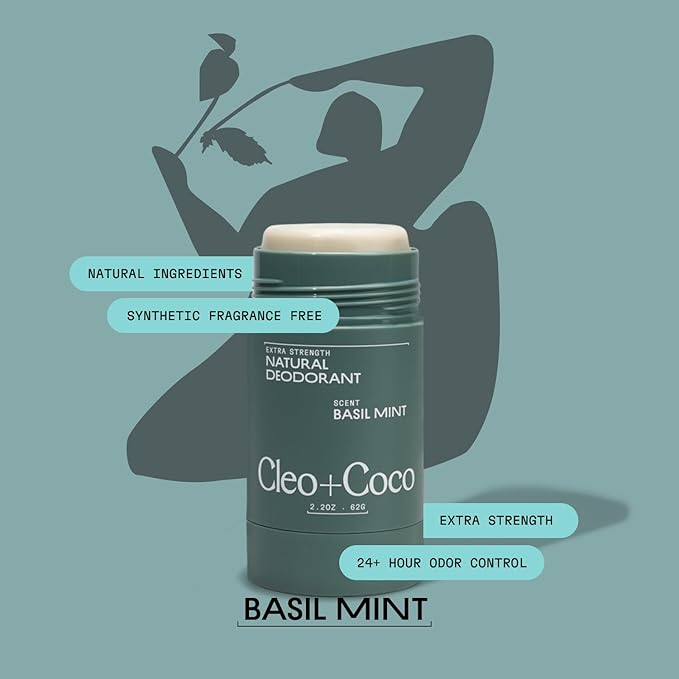 Cleo+Coco Extra Strength Deodorant Balm, Basil Mint (2.2 oz), Natural Aluminum Free Deodorant for Women & Men with 5X Odor Fighters, 24+hour Odor Control, Free from Synthetic Fragrance, Vegan