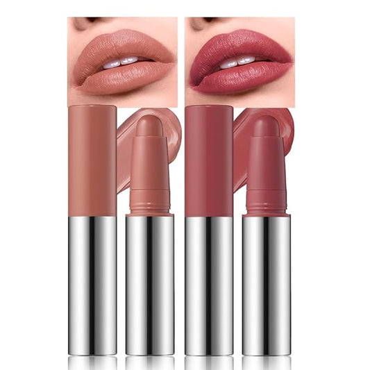 Matte Lipstick Crayon Set, Muted Nude Brown & Deep Rosewood – Waterproof Long Lasting Lip Liner Pencil, High Pigment Creamy Velvet Lipstick, Non-Drying Lip Color for Women, 01+04