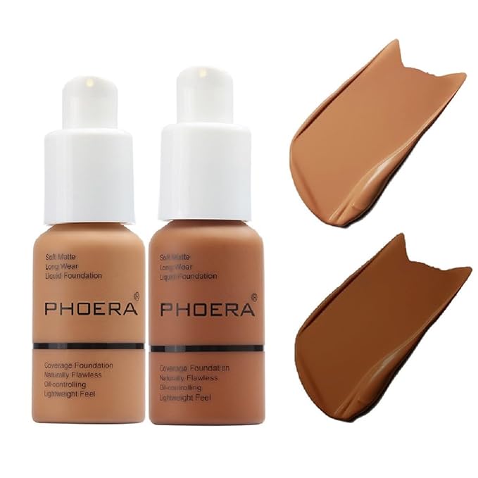 2 Pack PHOERA Foundation 108# Tan and 109# Mocha,Full Coverage Flawless Soft Matte 24 HR Oil Control Waterproof Concealer Makeup.
