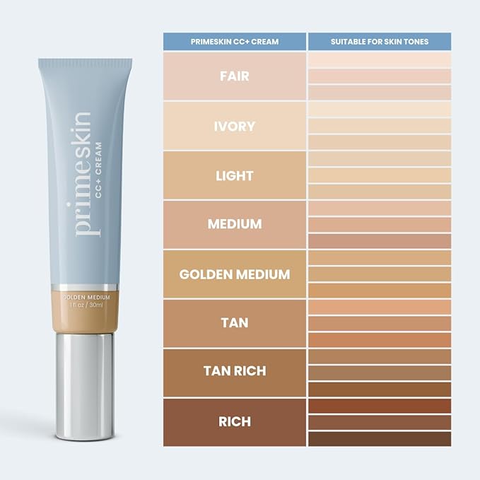 Prime Prometics PrimeSkin CC+ Cream for Mature Women – Liquid-to-Powder Foundation – Blurs Pores & Covers Age Spots – Crease-Free, Hydrating & Soft-Matte Finish for Sensitive Skin (Golden Medium)