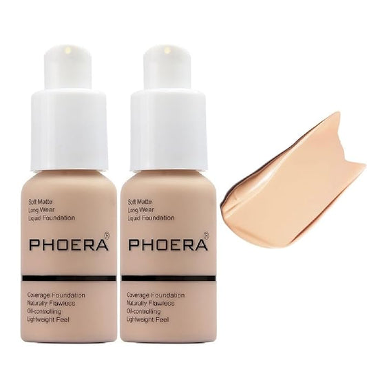 2 Pack PHOERA Foundation, Flawless Soft Matte 24HR Oil Control Full Coverage Foundation Makeup for Women.102 Nude-30ml