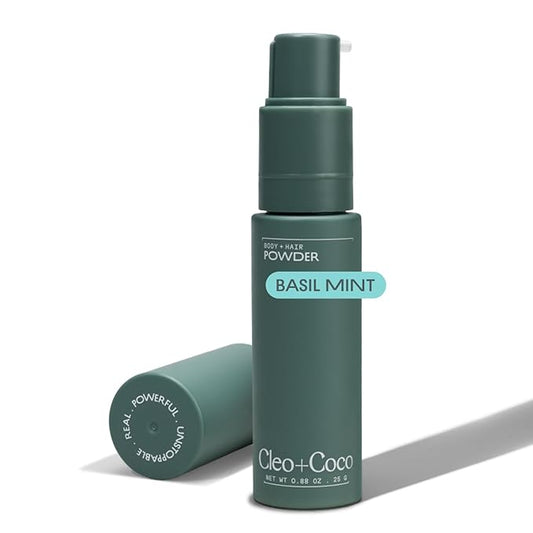 Cleo + Coco. Deodorant Powder for Body and Hair, Basil Mint (0.88 oz), 2-in-1 Deo Powder & Dry Shampoo for Women & Men, Aluminum Free Deodorant, Talc-Free, Anti Chafe Protector, Travel-Size